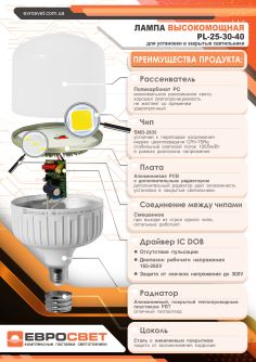 Детальніше про Лампа світлодіодна високопотужна ЕВРОСВЕТ 25Вт 6400К EVRO-PL-25-6400-27 Е27, фото 3 Лампа світлодіодна високопотужна ЕВРОСВЕТ 25Вт 6400К EVRO-PL-25-6400-27 Е27, фото 3