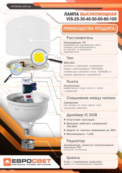 Лампа світлодіодна високопотужна Євросвітло 50Вт 6400К (VIS-50-E27), фото 2