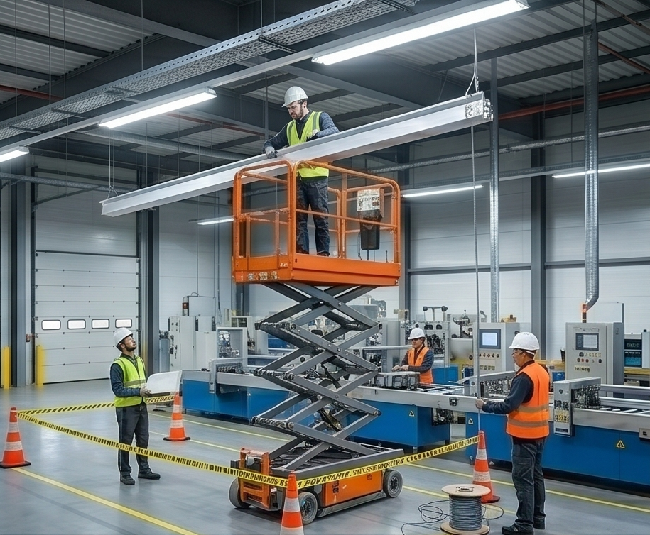 Монтажник устанавливает LED-светильник на подъемнике в огражденной зоне цеха