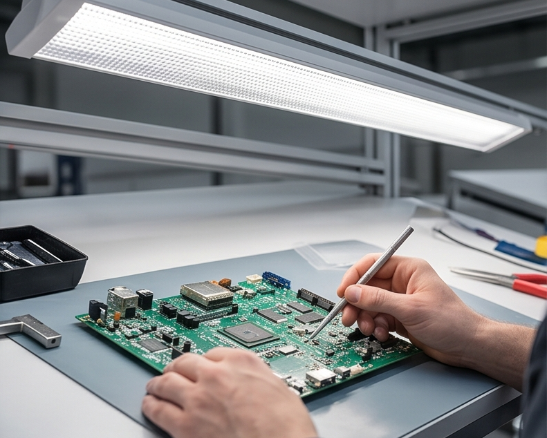 Антиблікова оптика лінійного LED-світильника під час монтажу електронної плати