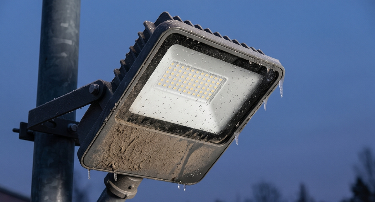LED-прожектор с признаками обледенения и загрязнения на морозе