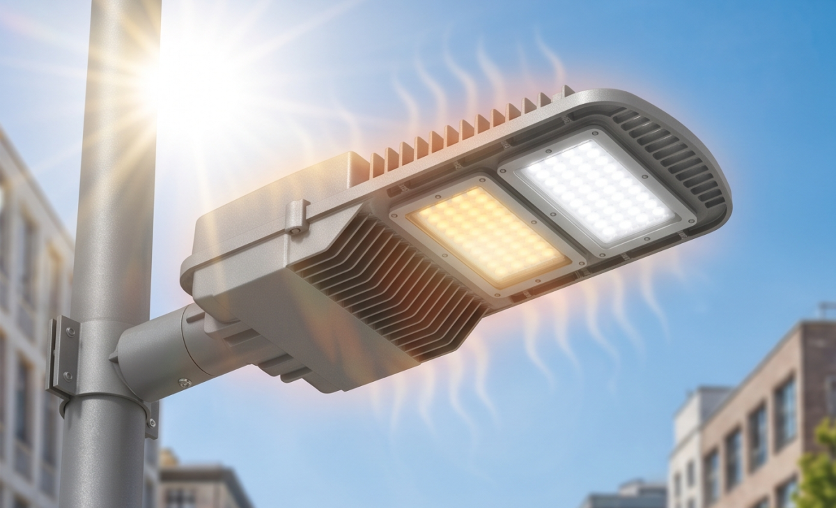Вуличний LED-світильник під прямим сонцем зі слідами перегріву