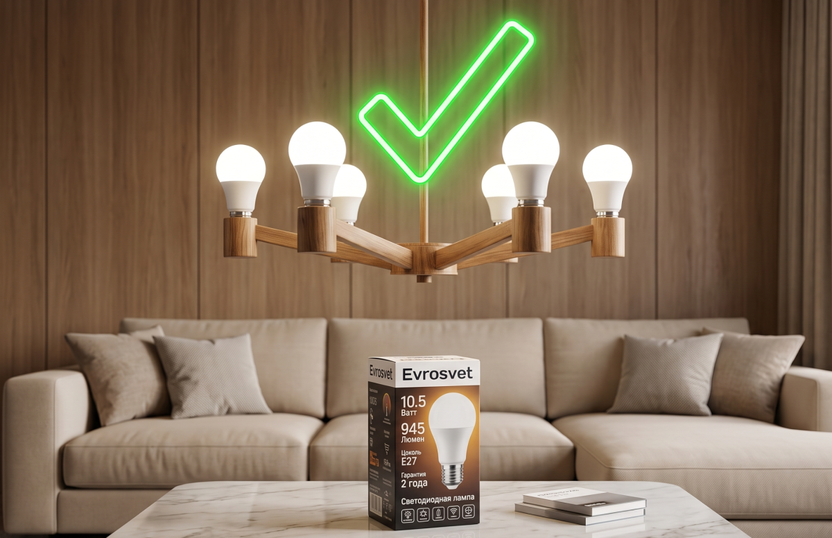 Упаковка LED-лампи «Євросвітло» на тлі люстри з перевіреним світлом