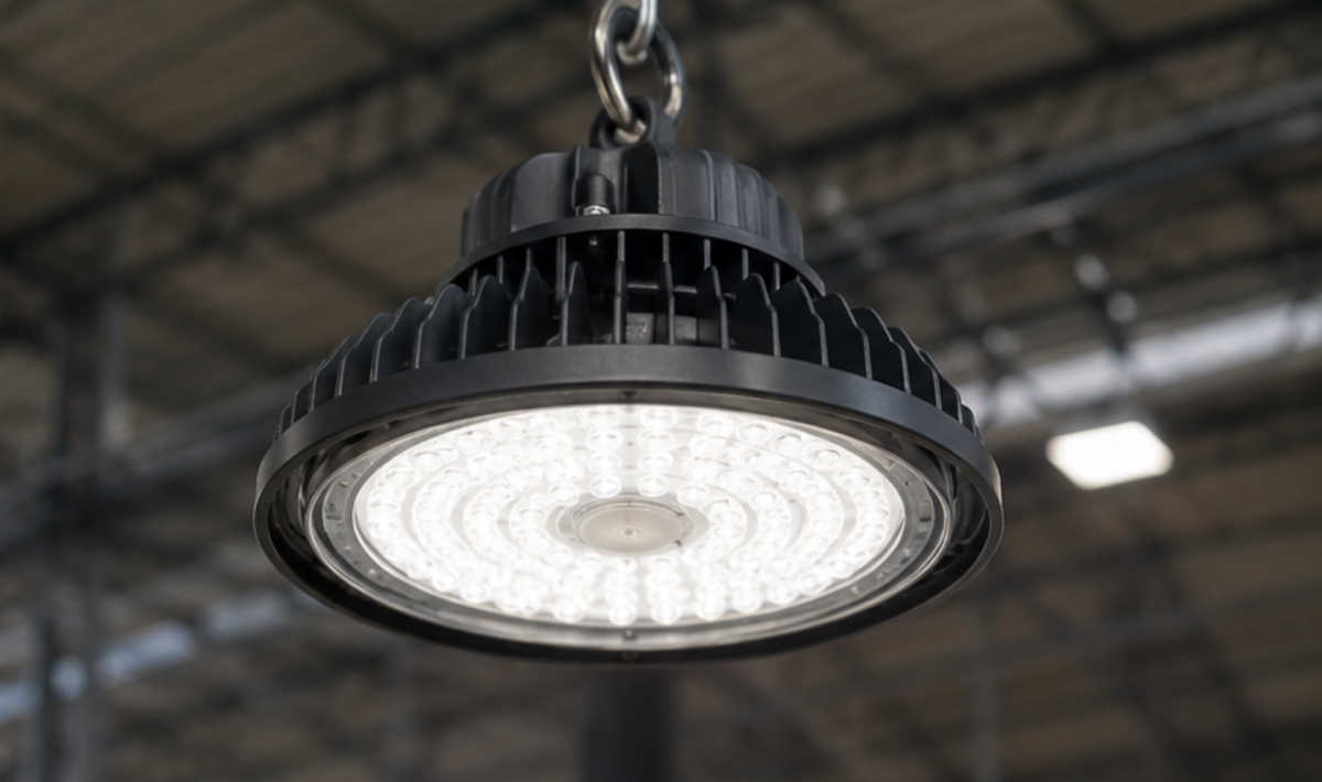 LED-светильник крупным планом в производственном цеху