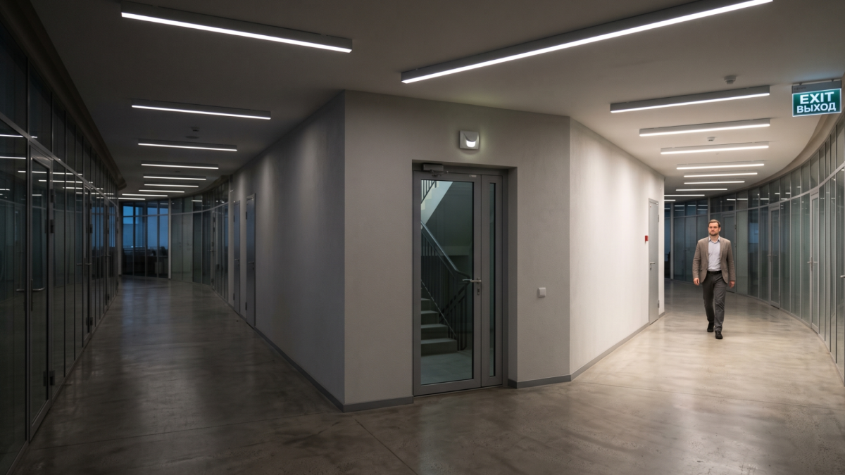 Офісний коридор з лінійними LED-світильниками та евакуаційним знаком EXIT