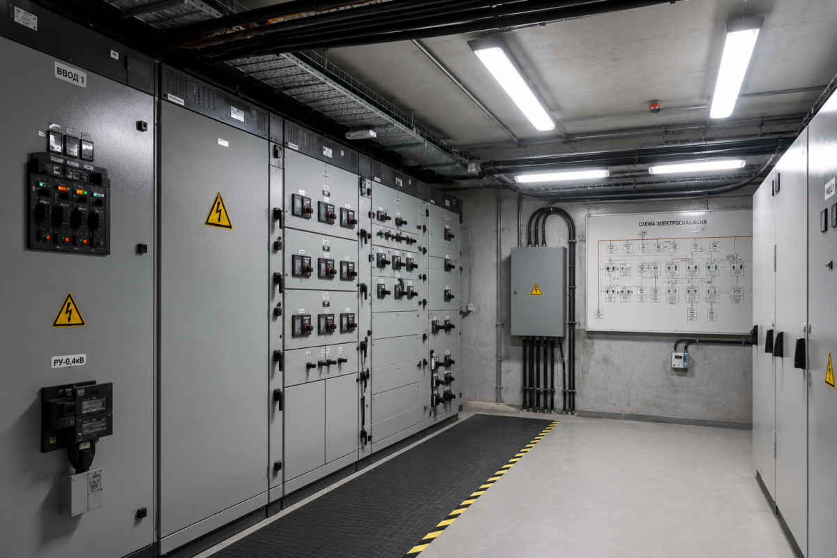 Електрощитова підвалу з розподільчими шафами та LED-освітленням