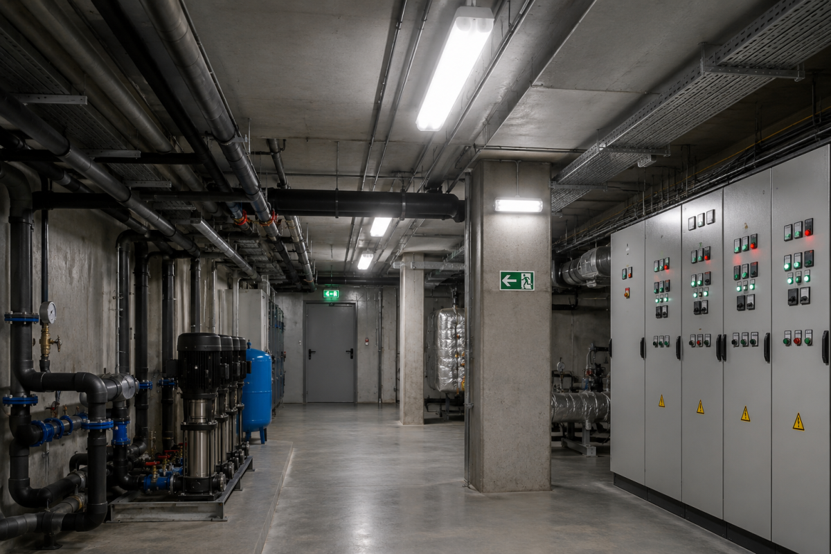 Технический коридор подвала с насосами, электрощитами и LED-светильниками