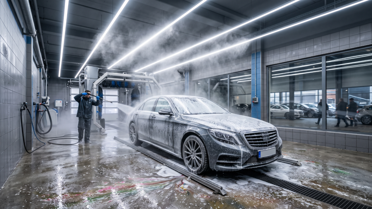 Працівник миє запінений автомобіль під лінійними LED-світильниками в мийному боксі