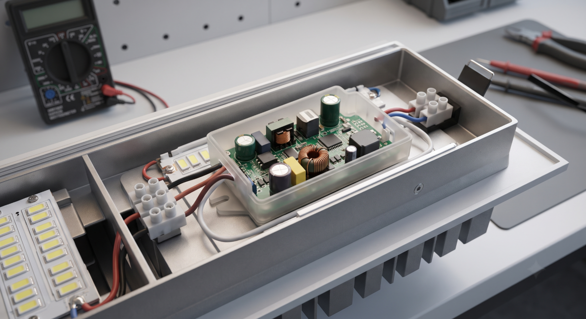 Розкритий LED-драйвер зі схемою та конденсаторами поруч із мультиметром на столі