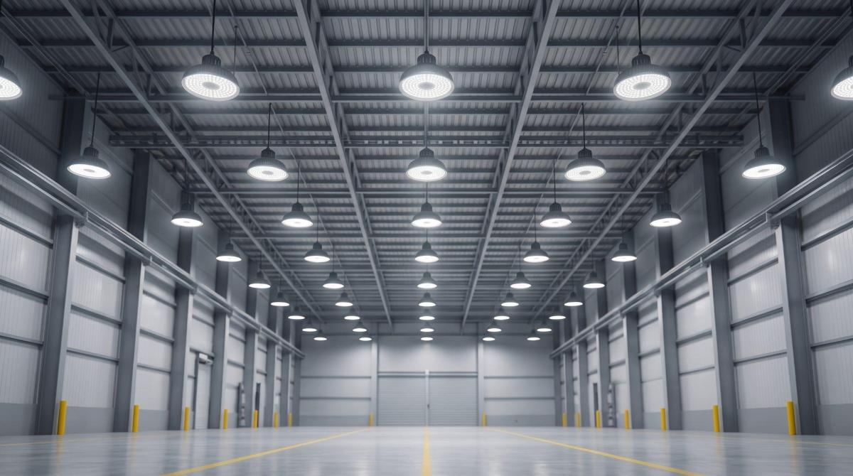 Склад із промисловими LED-світильниками на стелі під час роботи