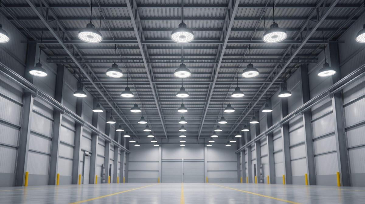 Склад с промышленными LED-светильниками на потолке во время работы